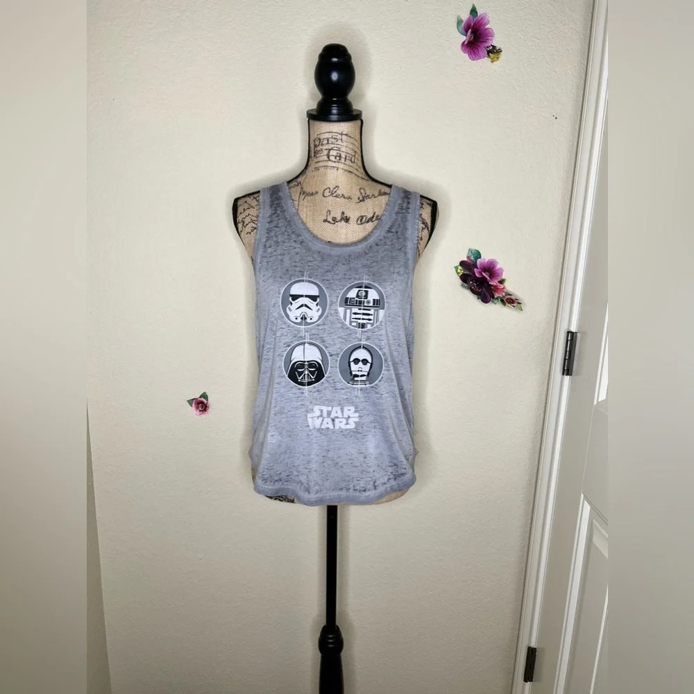 Star Wars Distressed Look Grey Tank Top with Darth Vader, R2-D2, C-3PO Size L